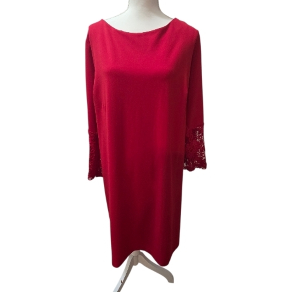 Sharagano Red Lace Sleeve Shift Dress Women Elegant Cocktail Party Dress, Sz 24W - Picture 2 of 8